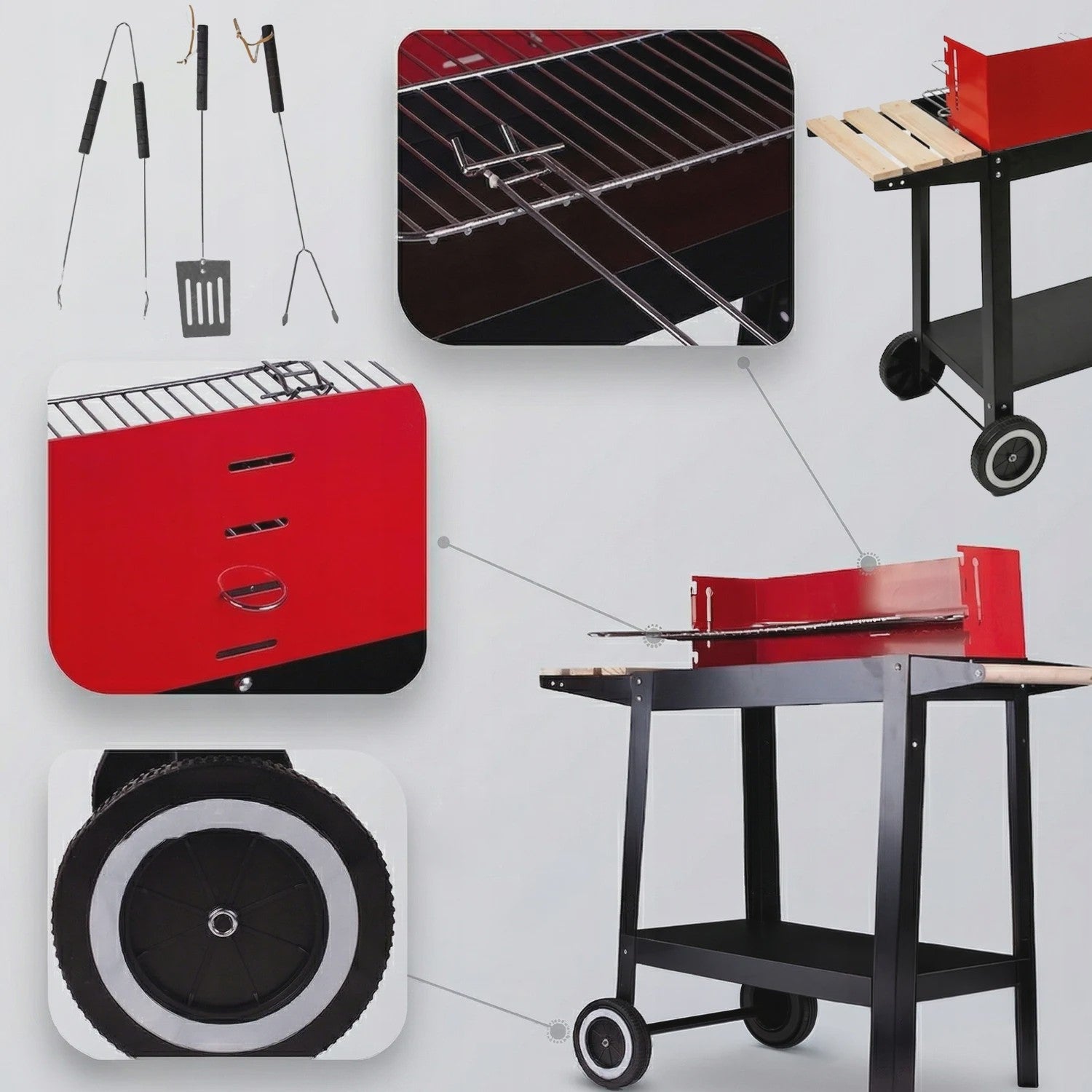 Mobiele Houtskool BBQ Grill met Wielen, Zijplanken en Accessoires - 40x40cm Grilloppervlak