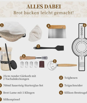 Complete Sourdough Brood Bakset: Gistingmand, Starterglas & Bakgereedschap
