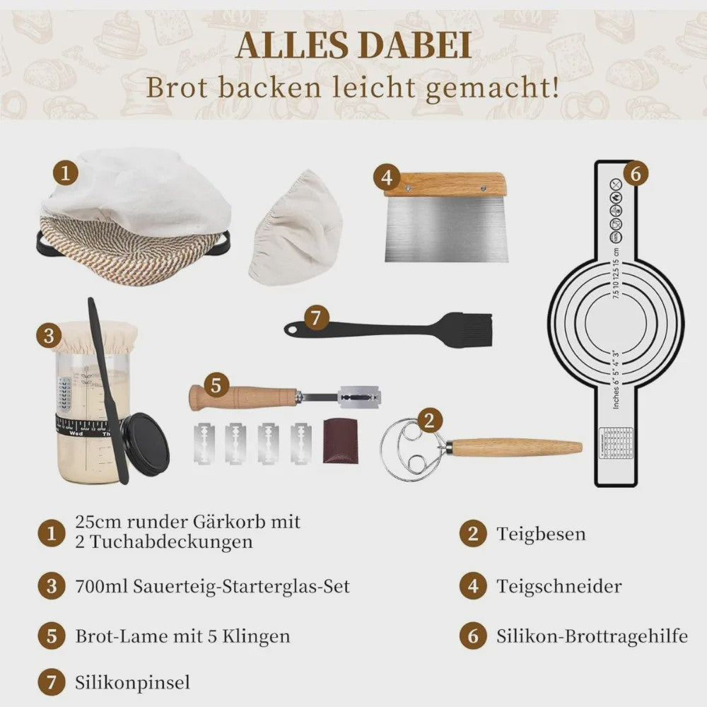 Complete Sourdough Brood Bakset: Gistingmand, Starterglas & Bakgereedschap