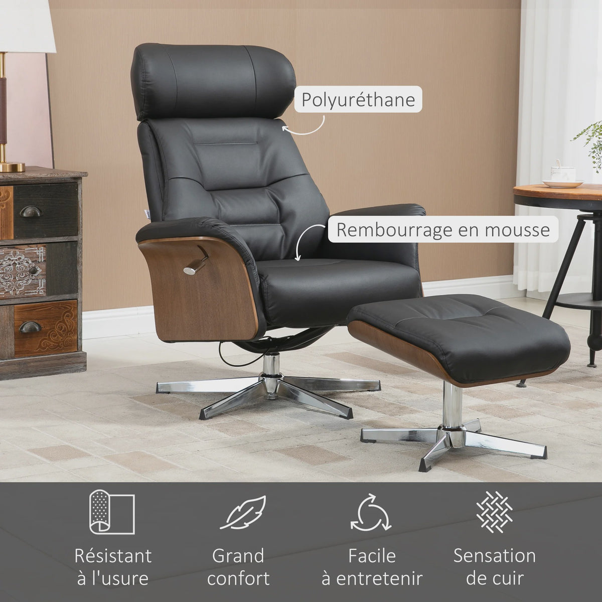 Luxe Relaxfauteuil met Voetenbank, Verstelbare Rugleuning en Hoofdsteun - Zwart