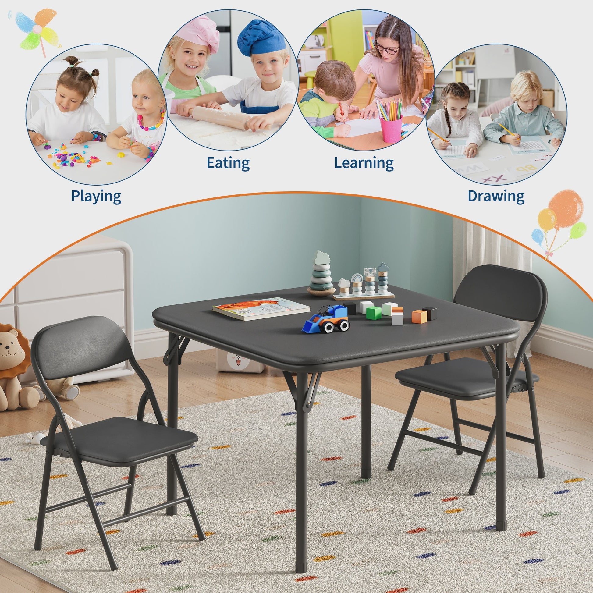 Opvouwbare Kinder Speel- en Studietafel met 2 Stoelen - Zwart
