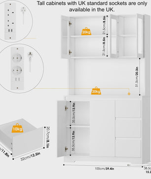 Keuken Buffetkast met LED Verlichting, 3 Lades en Stopcontacten - 100x38.5x180cm