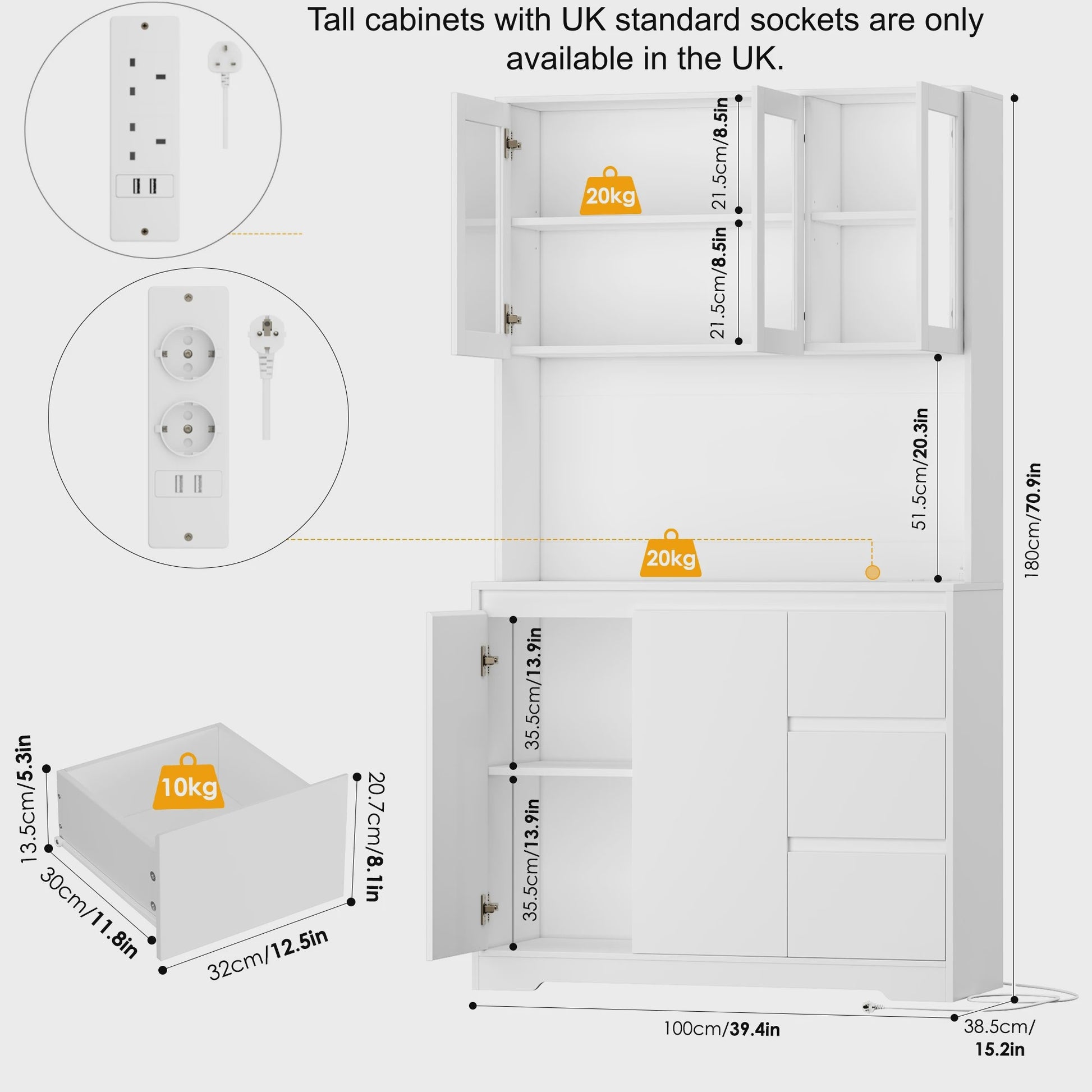 Keuken Buffetkast met LED Verlichting, 3 Lades en Stopcontacten - 100x38.5x180cm