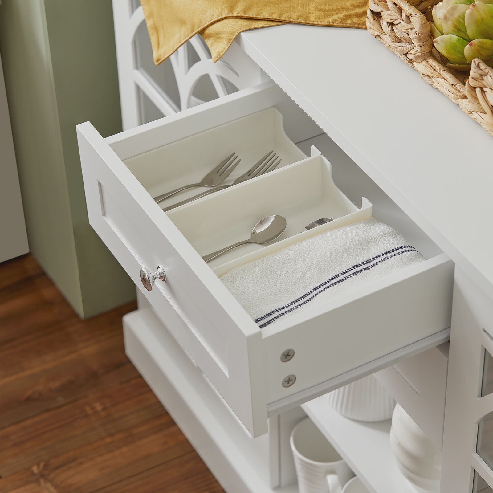 Wit Sideboard met 2 Glazen Deuren en 2 Lades - Stijlvolle Buffetkast voor Woonkamer of Hal