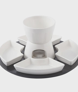 Keramische Fondue Set: Chocolade & Kaas Fondue met 4 Dipkommen, Vorken en Houten Plateau