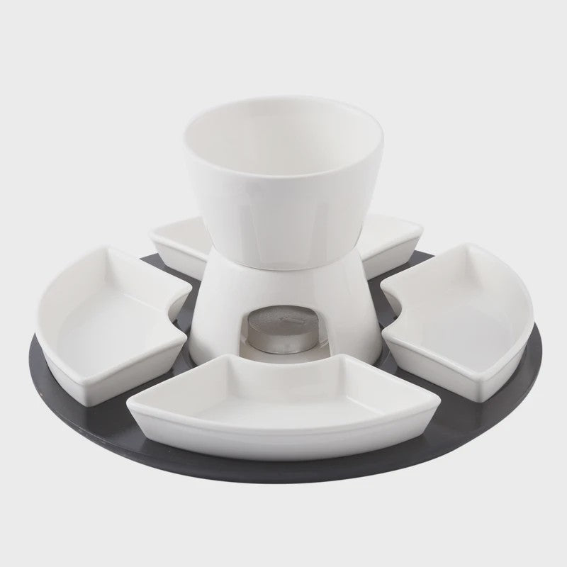 Keramische Fondue Set: Chocolade & Kaas Fondue met 4 Dipkommen, Vorken en Houten Plateau