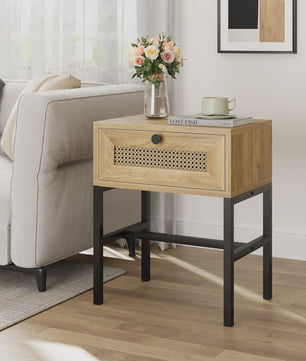 Nachtkastje Rotan Hout met Lade - Boho Bijzettafel met Metalen Frame