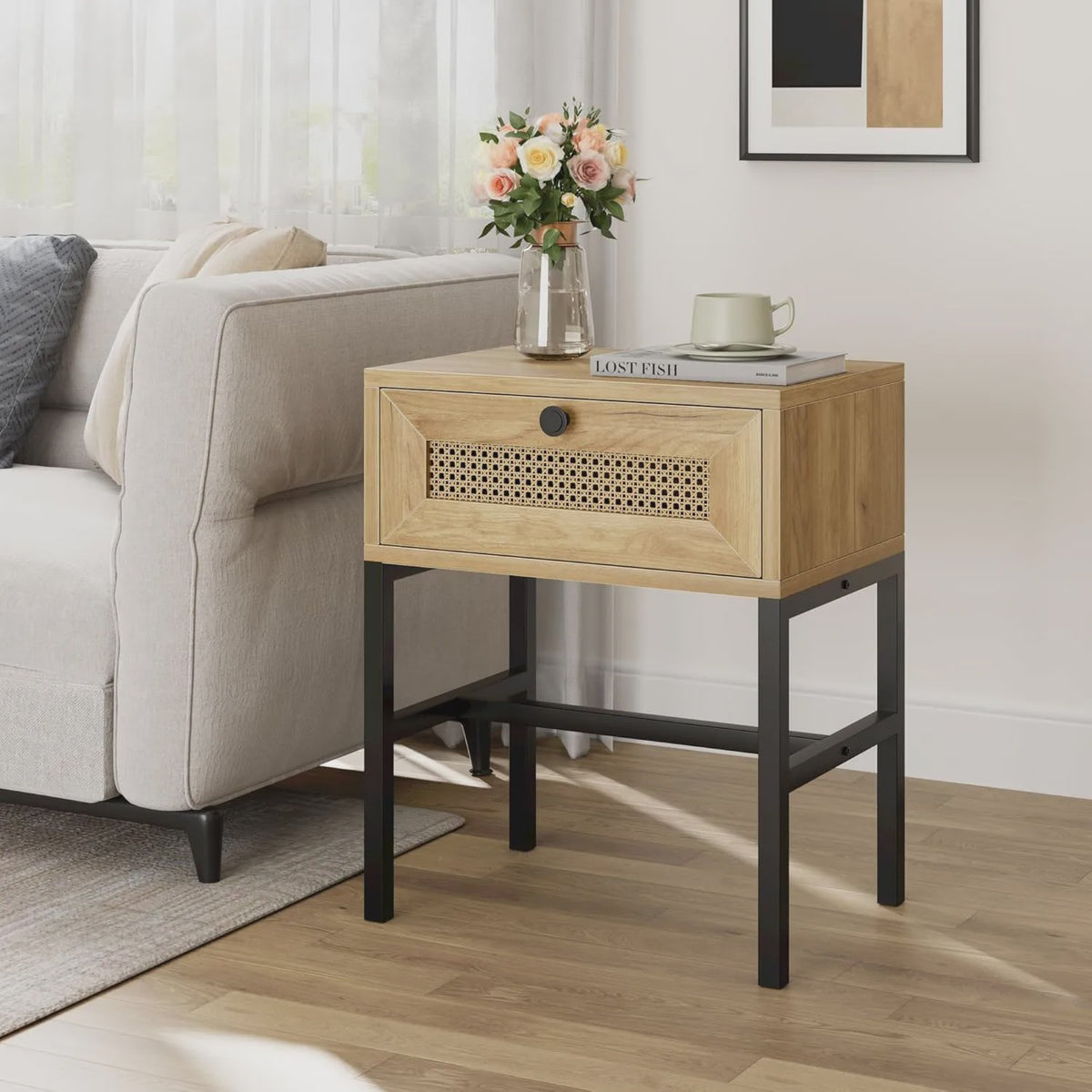 Nachtkastje Rotan Hout met Lade - Boho Bijzettafel met Metalen Frame