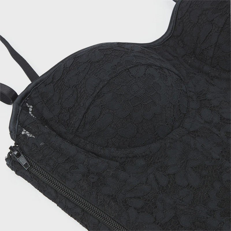 Zwart kanten korset top met mesh en ritssluiting - Sexy bustier voor feesten