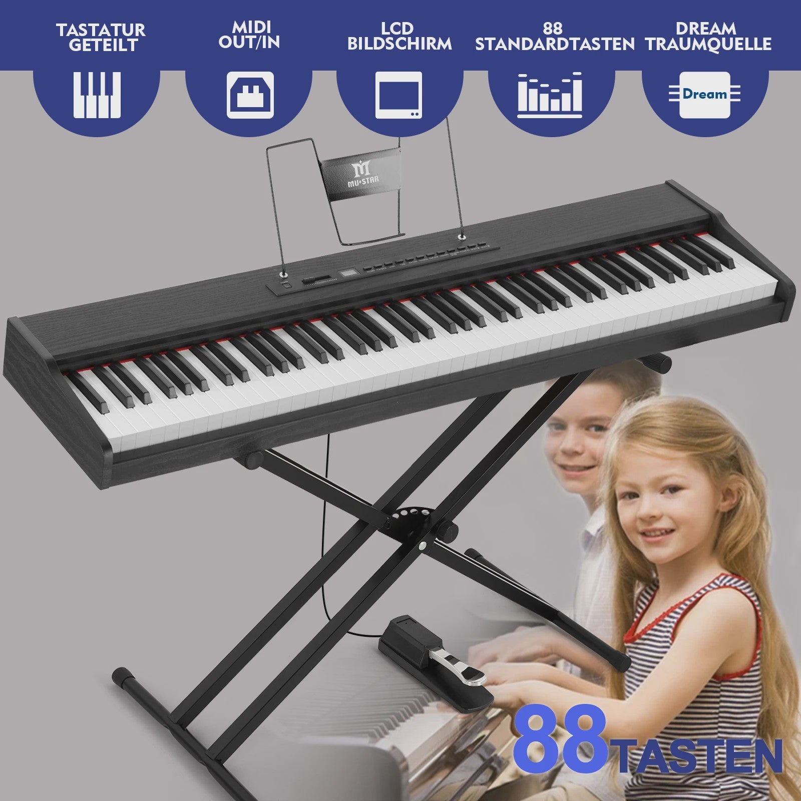 MUSTAR 88 Toetsen Digitale Piano - Draagbaar Keyboard met Semi-gewogen Toetsen, X-stand, Tas & Pedaal