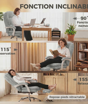 Ergonomische bureaustoel Velours Grijs met Lendesteun en Voetensteun