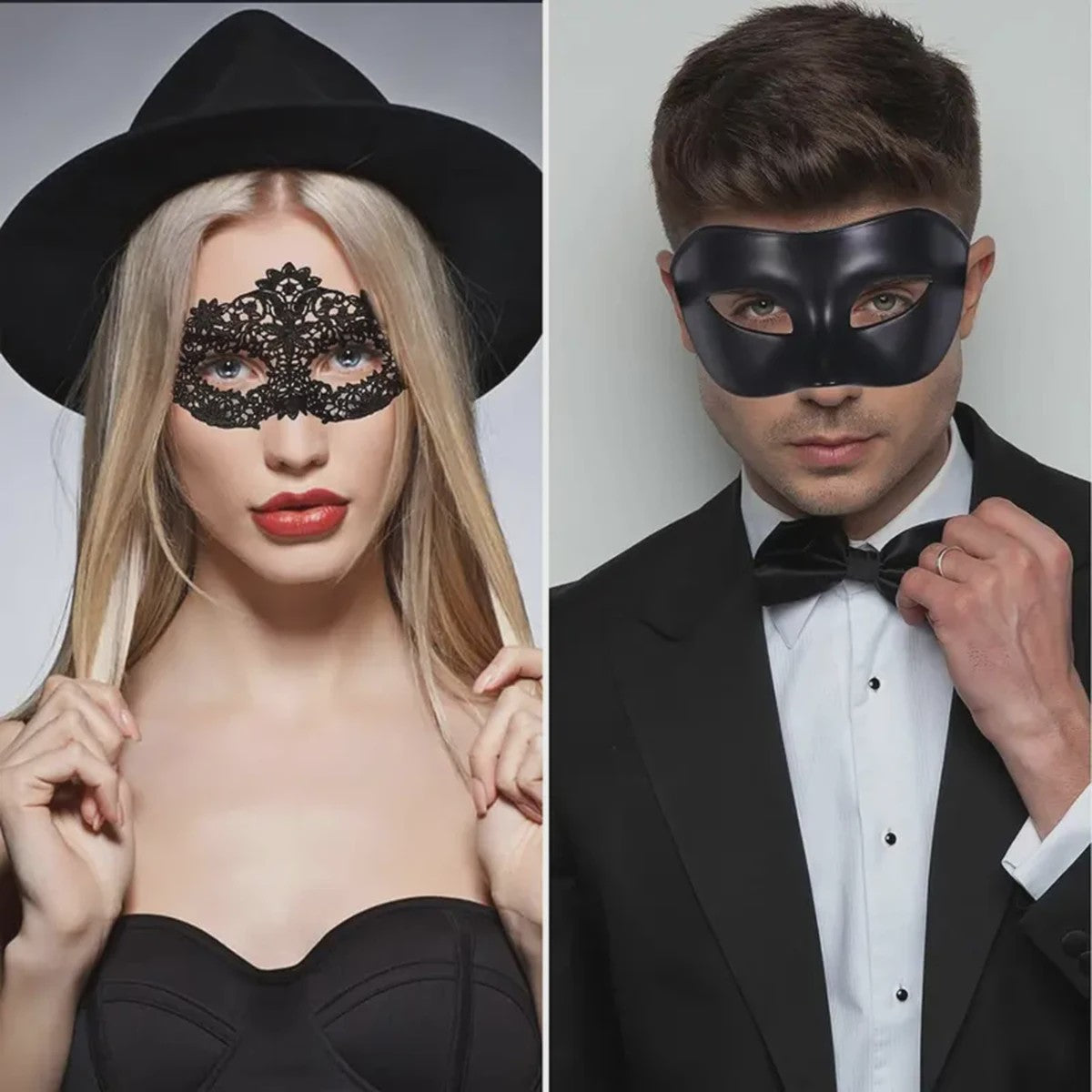 Set van 2 Elegante Zwarte Kant Maskerade Maskers voor Koppels - Venetiaans, Mardi Gras, Halloween