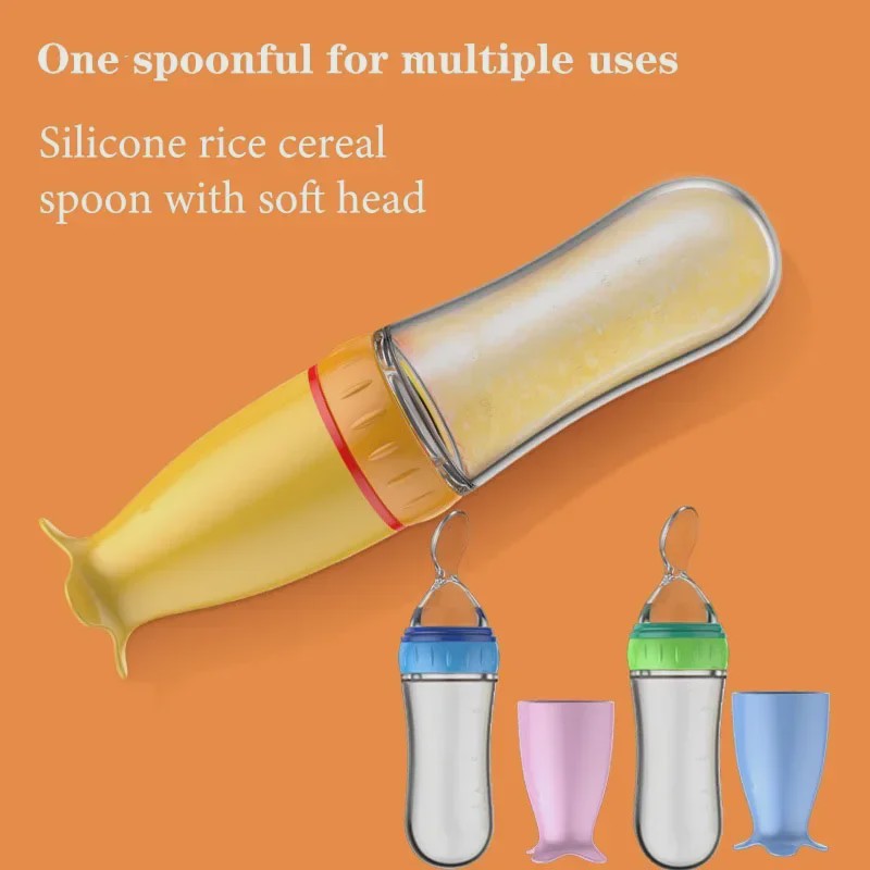 Baby Fles met Lepel - Siliconen Knijpfles voor Babyvoeding en Rijstpap