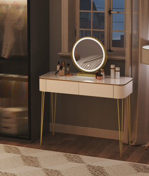 Elegante Witte Kaptafel met LED Spiegel en 3 Verlichtingsniveaus - Make-up Tafel met Grote Lades