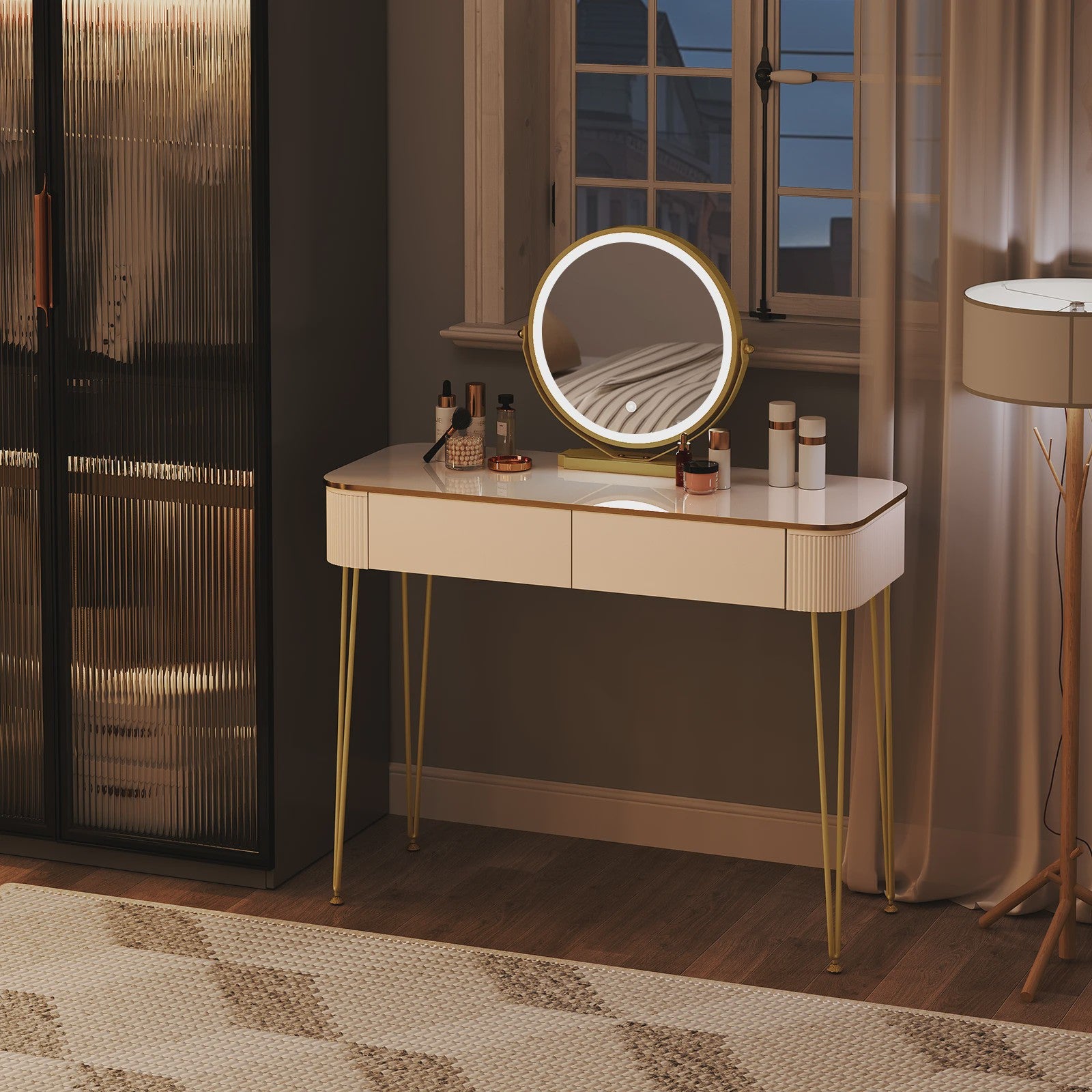 Elegante Witte Kaptafel met LED Spiegel en 3 Verlichtingsniveaus - Make-up Tafel met Grote Lades
