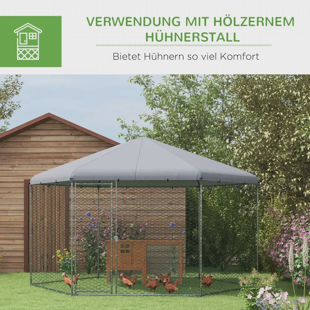Grote Stalen Kippenhok Buiten met Dak - 400x346x263cm - Grijs - Ruim voor 10-15 Kippen & Kleine Dieren
