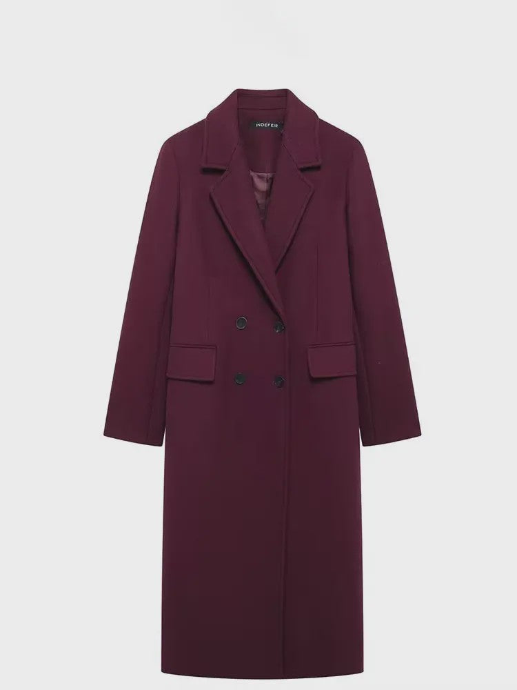 Dames Jas Burgundy - Dubbelzijdig Sluitend, Lange Mouwen, Klassieke Kraag - Herfst Winter Collectie