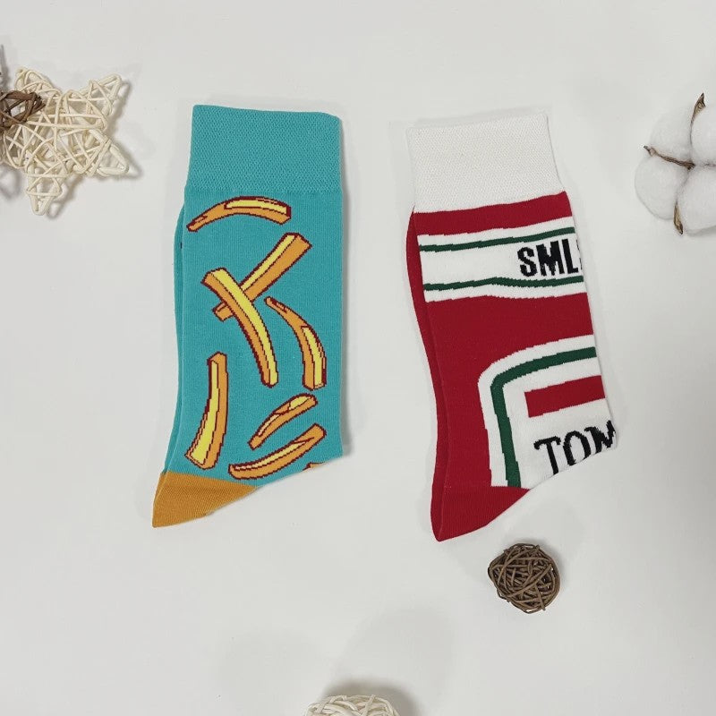 Grappige Sokken met Frietjes & Ketchup Print - Unisex Mid-Calf Sokken