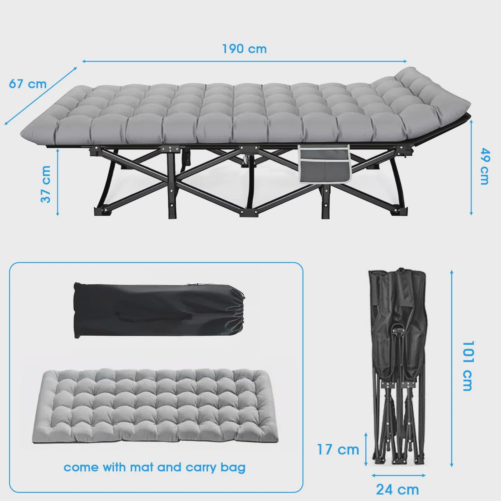 Opvouwbaar Campingbed met Matras - Draagbaar & Robuust Kampeerbed voor Volwassenen (200kg)
