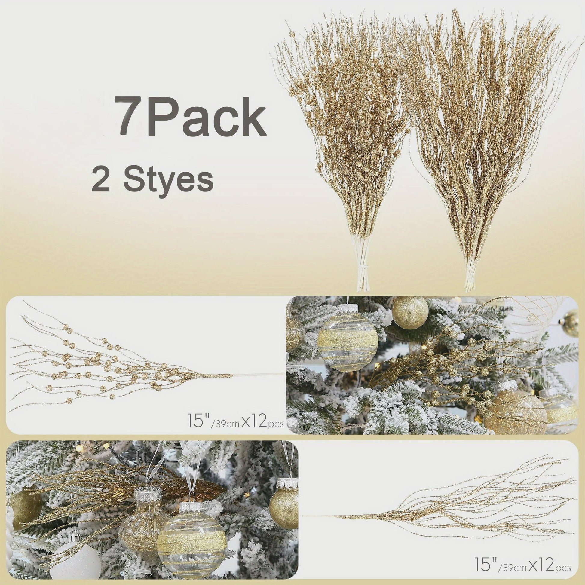 8x Glitter Bessen Takken - Kerstdecoratie & Feestaccessoires