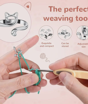 Verstelbare Brei- en Haakgaren Ring met Kattenoor Design (2 stuks)