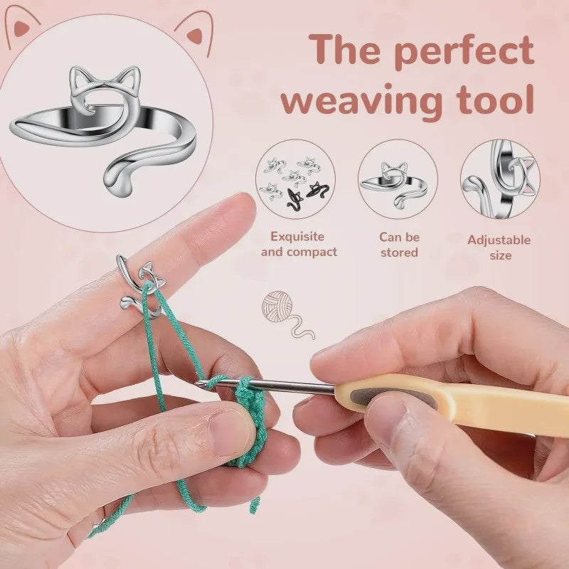 Verstelbare Brei- en Haakgaren Ring met Kattenoor Design (2 stuks)
