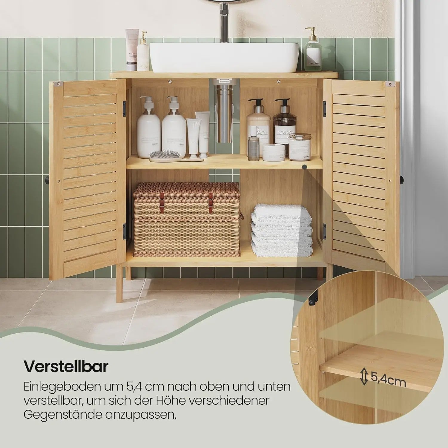 Bamboe Onderbouw Kast Badkamer 60x30x60cm met 2 Deuren en Verstelbare Plank
