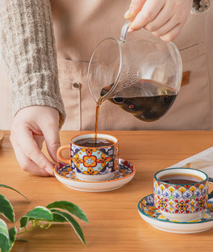 Bohemian Porseleinen Koffiekopjes met Schotels en Metalen Standaard - Set van 6/12