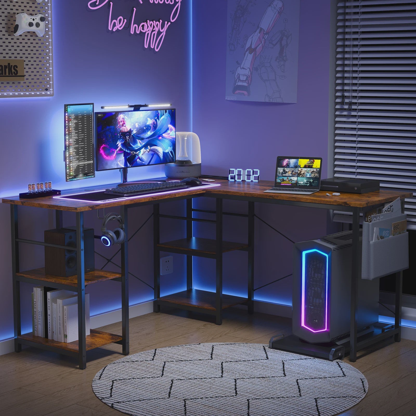 Industriële L-vormige Bureau 140/230cm met Opbergruimte en Geïntegreerd Stopcontact
