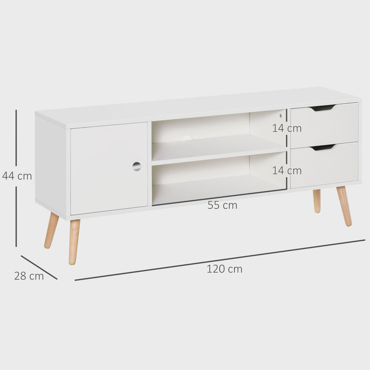 Scandinavisch TV-meubel met Opbergruimte, 2 Nissen en 2 Lades - Wit/Houtkleur