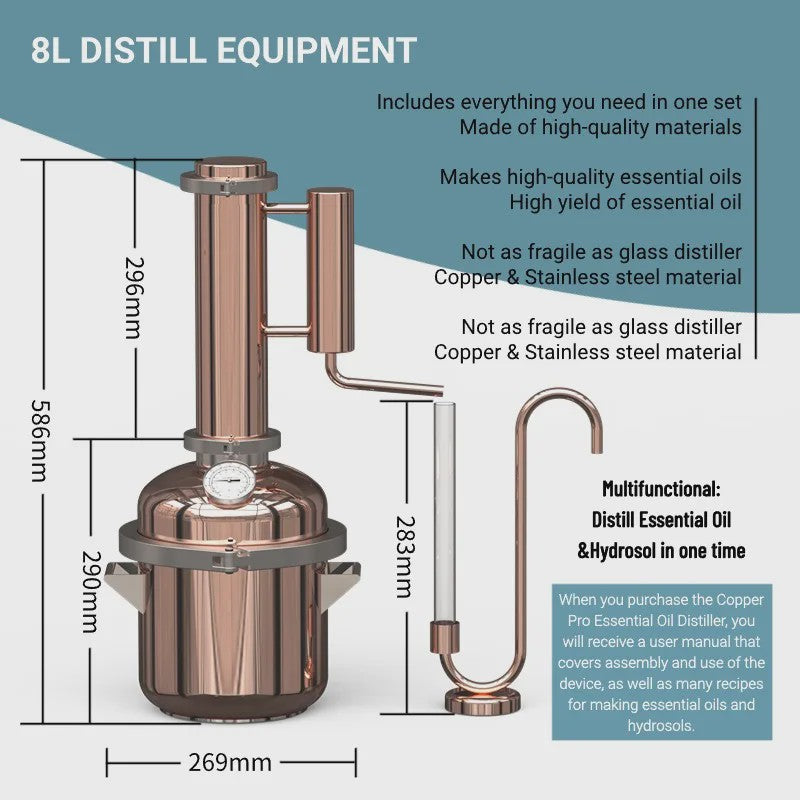 8L Koperen Distilleerapparaat voor Essentiële Olie & Hydrosol - Direct Verwarmbaar