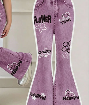 Zomerse Outfit Meisjes: Zwarte Top met Smiley Print & Paarse Flared Broek met Tekst - 2-delige Set
