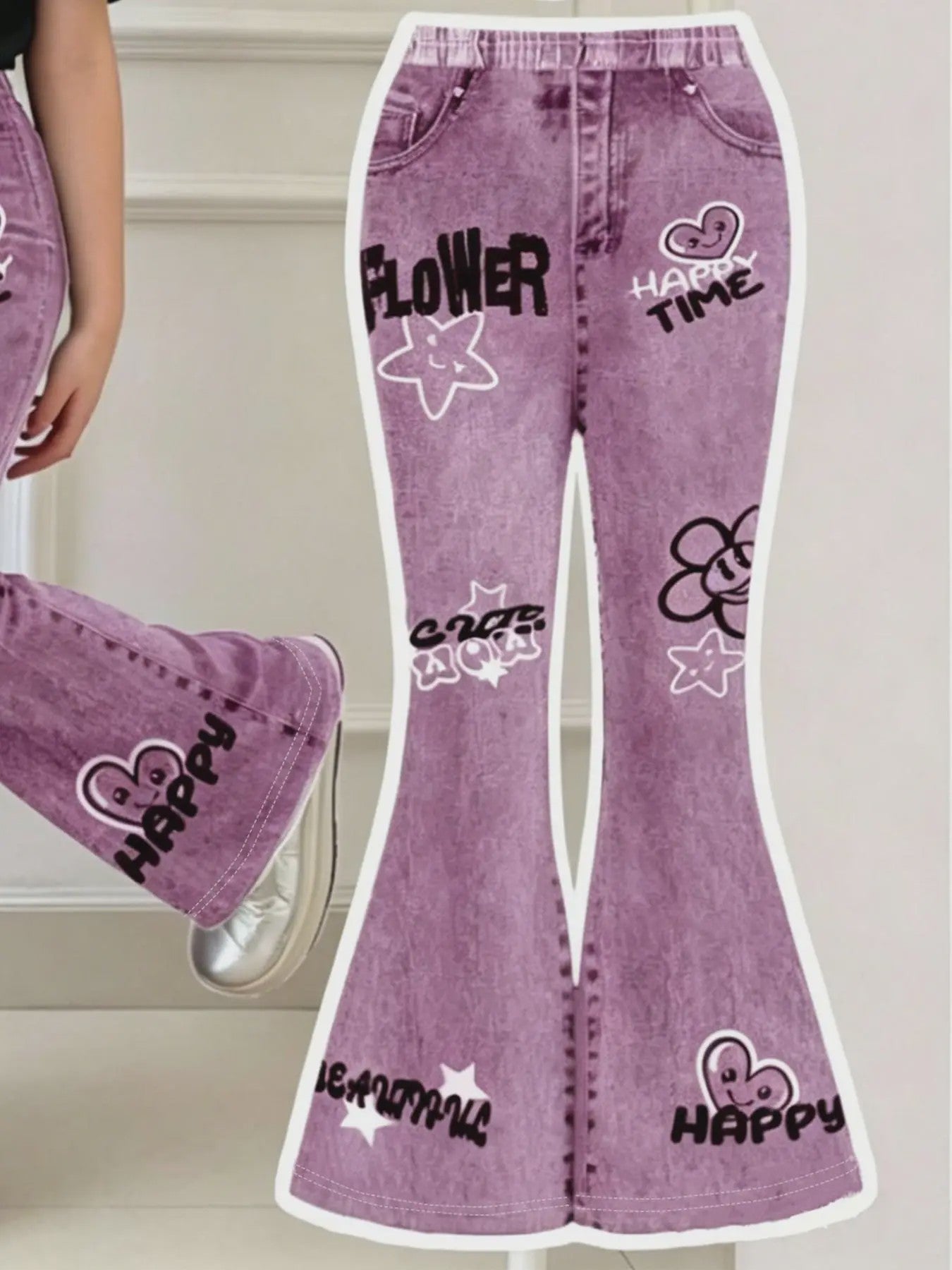 Zomerse Outfit Meisjes: Zwarte Top met Smiley Print & Paarse Flared Broek met Tekst - 2-delige Set