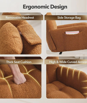 Zachte Bouclé Babymassage Schommelstoel - Gestoffeerde Fauteuil met Hoge Rug & Zijvak