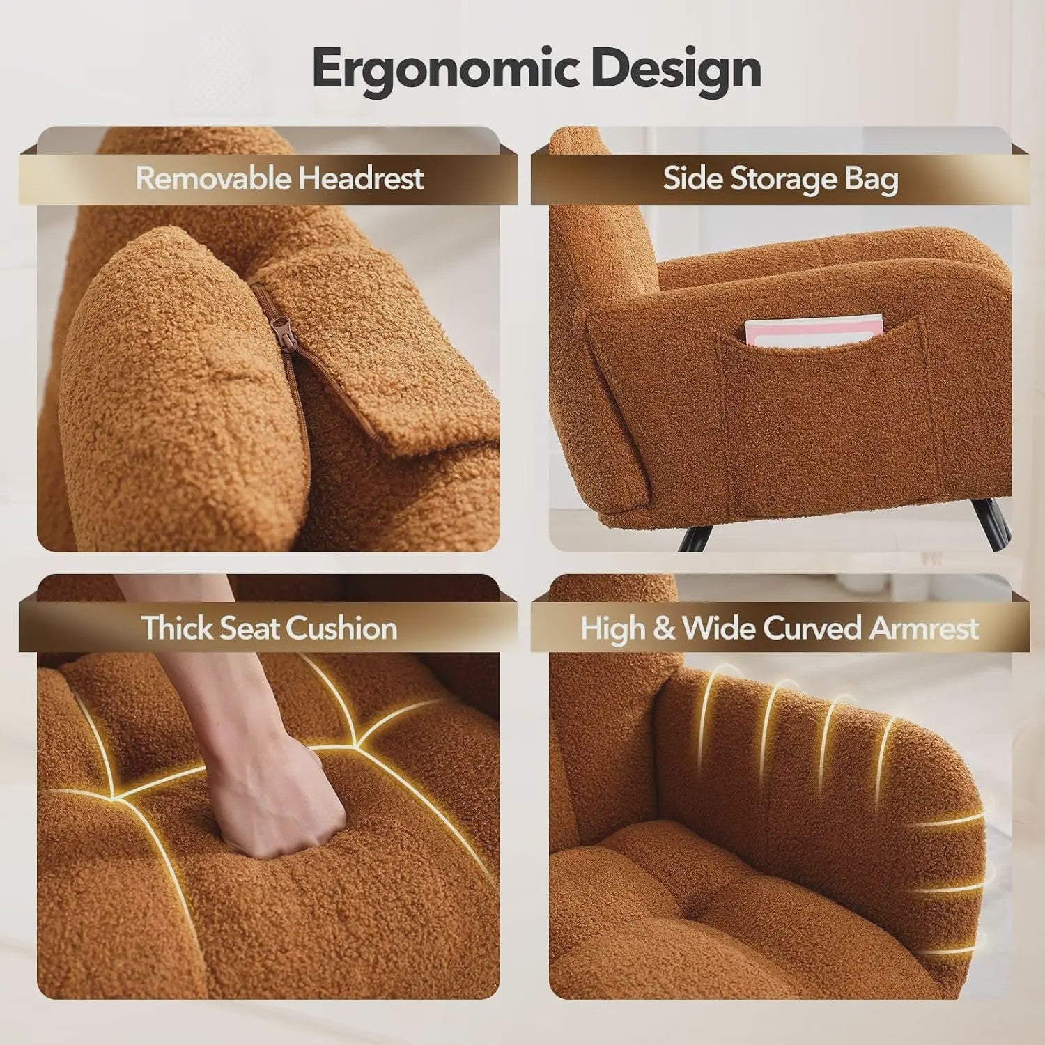 Zachte Bouclé Babymassage Schommelstoel - Gestoffeerde Fauteuil met Hoge Rug & Zijvak