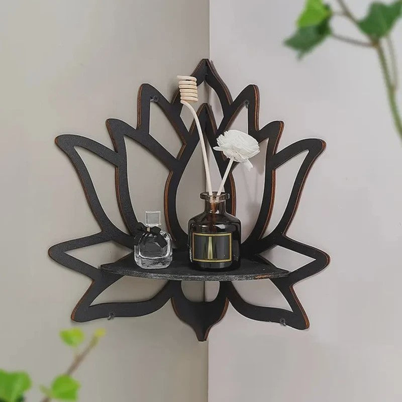 Houten Lotus Wandrek - Decoratieve Hoekplank voor Essentiële Oliën & Kaarsen