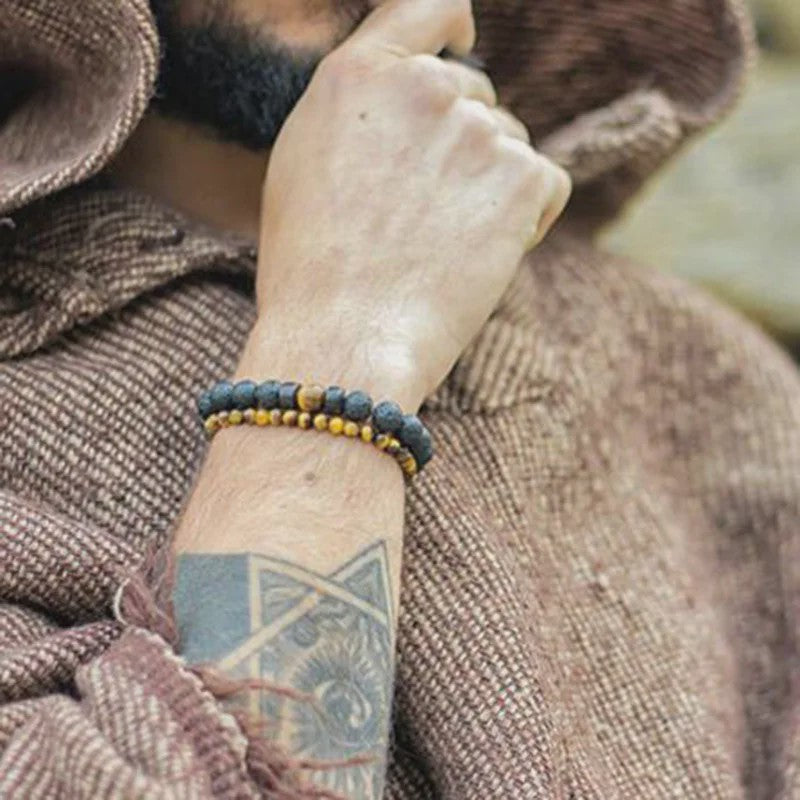 Natuursteen Armband Heren Dames - Lava & Hout Kralen 8mm