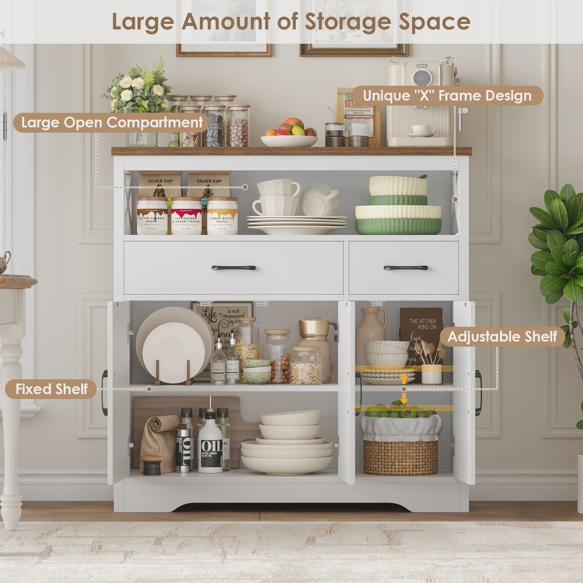 Stijlvol Wit Sideboard met 2 Lades en 3 Deuren - Buffetkast voor Woon- en Eetkamer