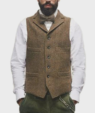 Herentrui Gilet Wol Tweed Visgraat Bruin - Klassiek Gilet voor Bruiloft & Feest