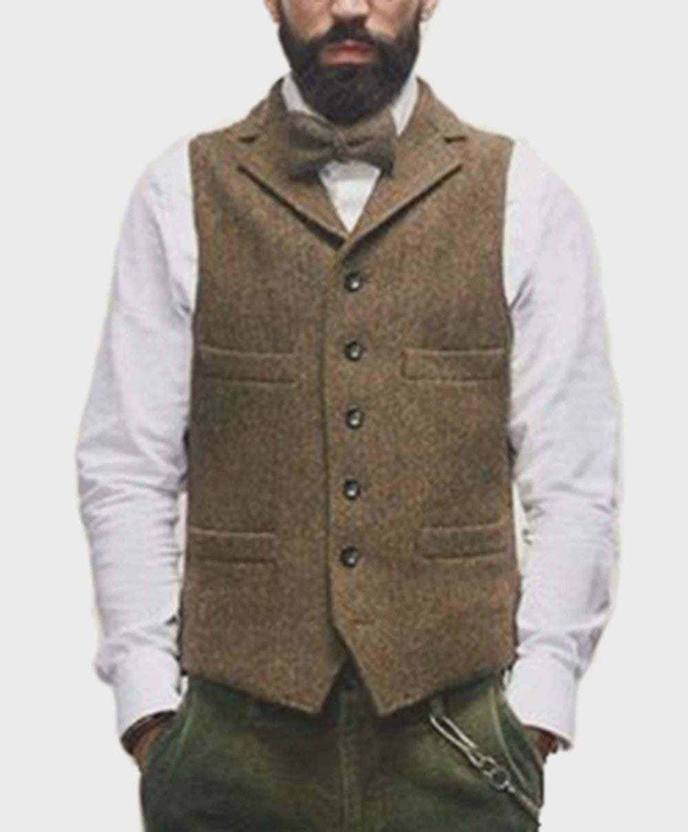 Herentrui Gilet Wol Tweed Visgraat Bruin - Klassiek Gilet voor Bruiloft & Feest