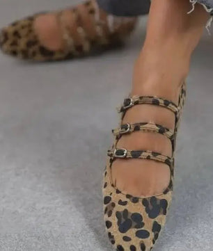 Dames Platte Schoenen met Luipaardprint, Drie Gespen en Ponyhaar Textuur