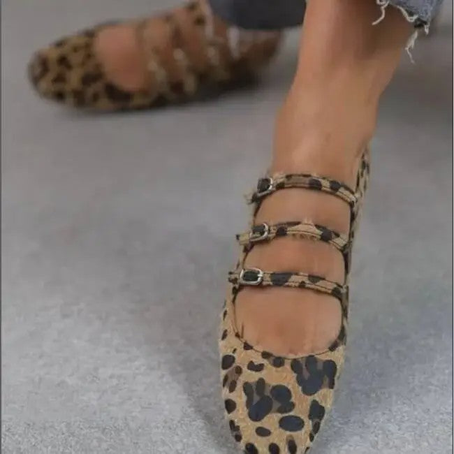 Dames Platte Schoenen met Luipaardprint, Drie Gespen en Ponyhaar Textuur
