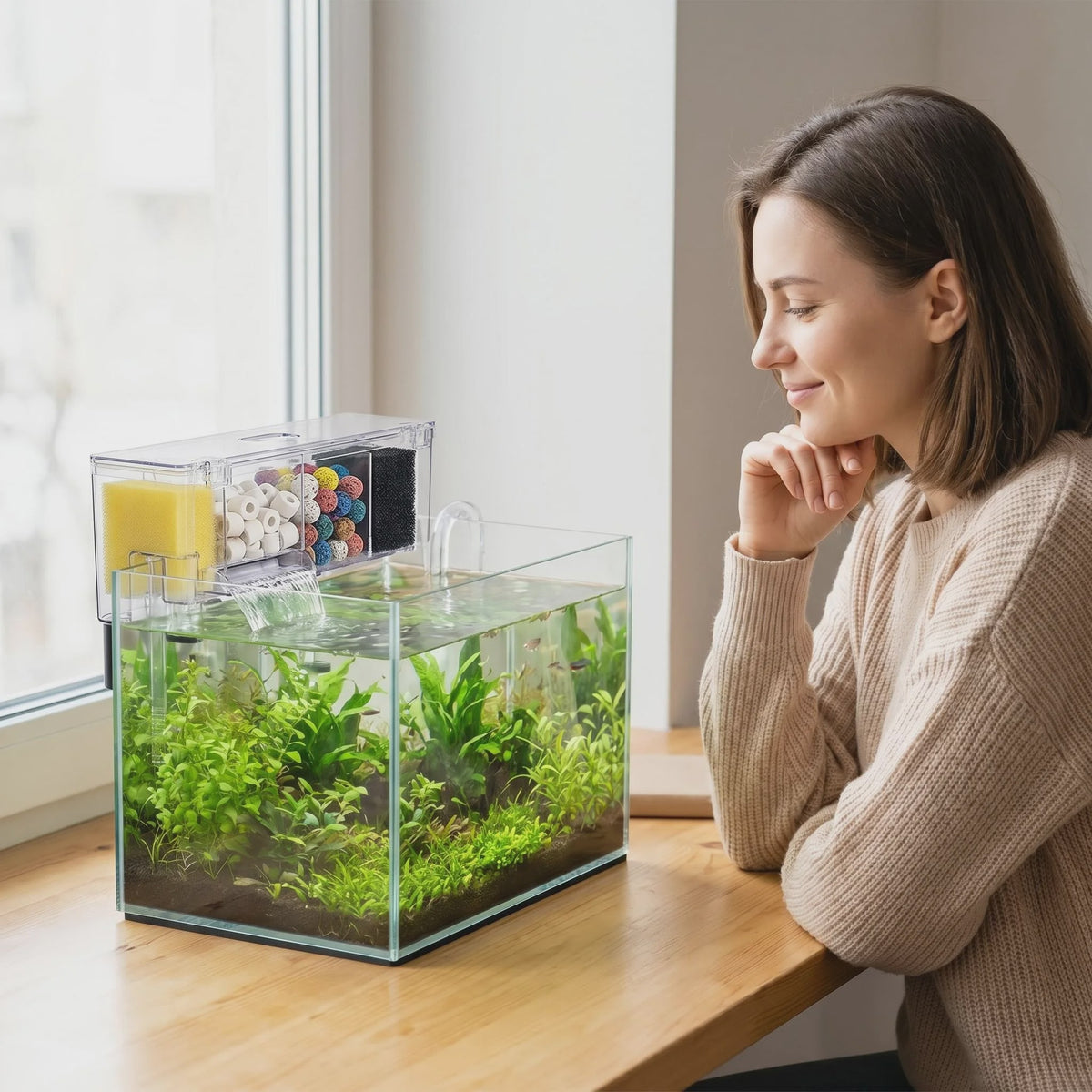 Ruimtebesparend Aquariumfilter Hang-on met Meerfasenfiltering en Watervaluitloop - 4 Maten