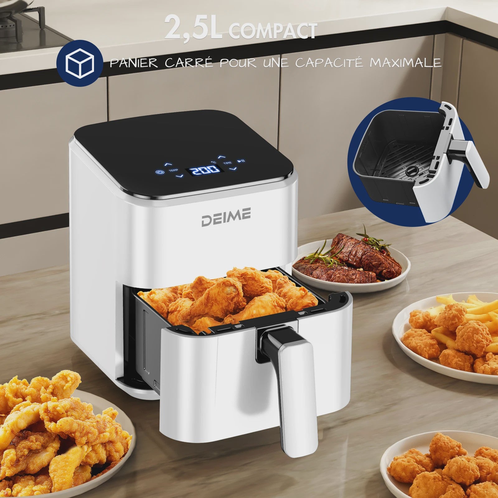 DEIME Compacte Airfryer 2.5L - Olievrij, Digitaal Touchscreen, Vaatwasmachinebestendig