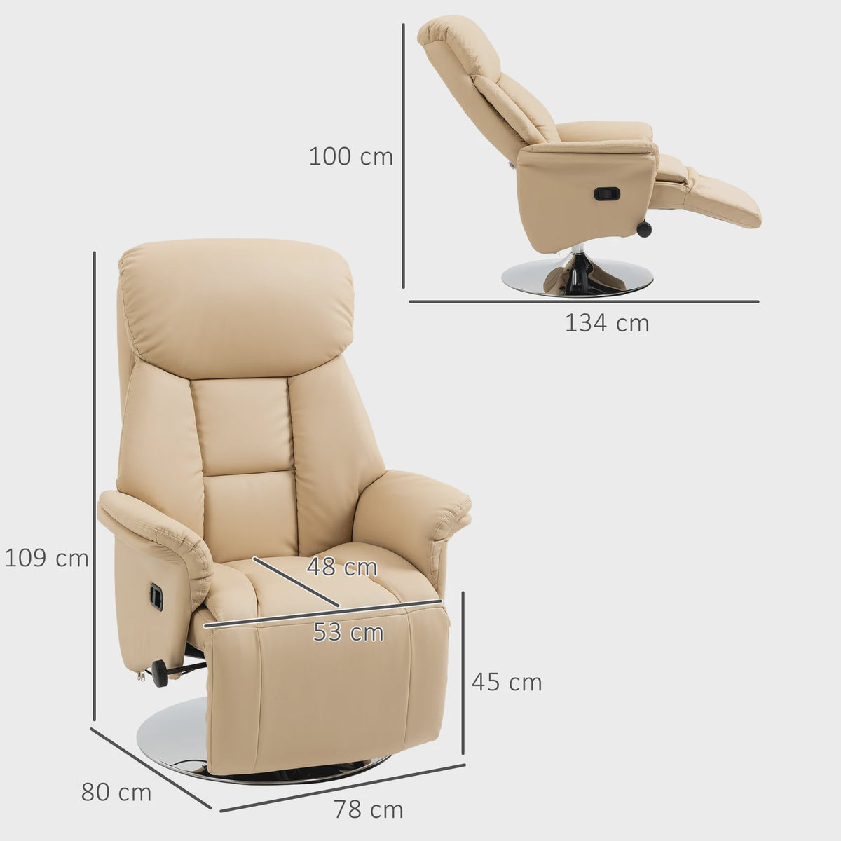 HOMCOM Armchair relaxation relax Living Room relaxation Armchair Pivoting foot-rest Adjustable Armrests, chair TV in Synthetic leather, Up to kg, for Living Room, bedroom, home cinema, beige