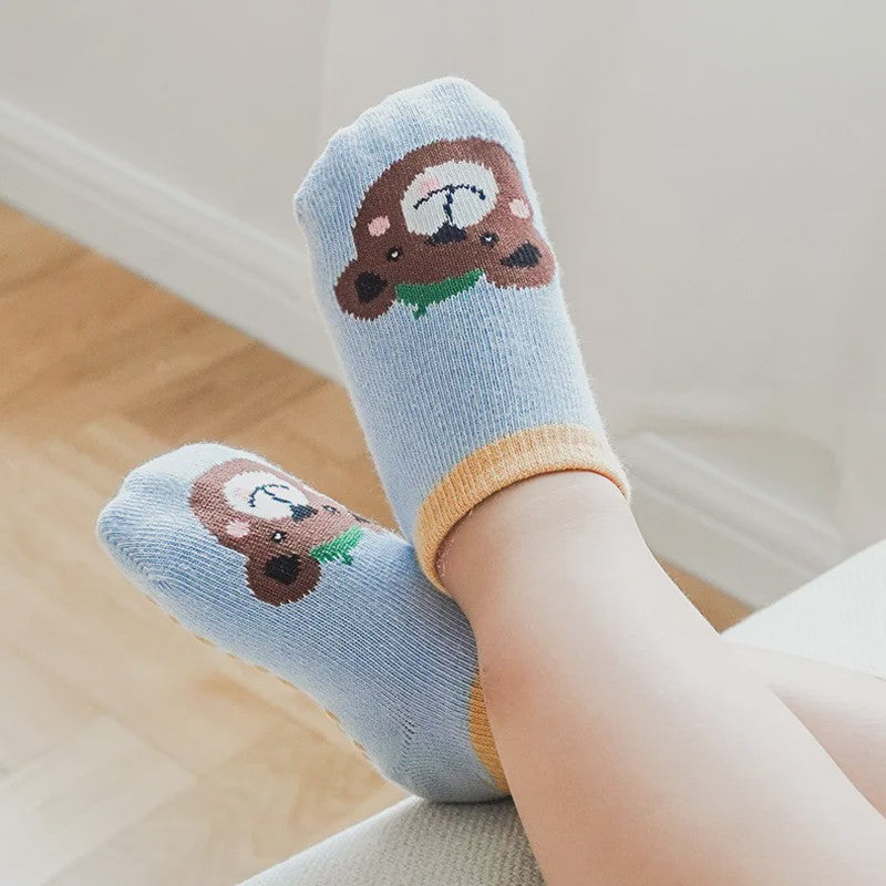 6 Paar Leuke Kinder Sokken met Antislip - Katoen, Ademend & Comfortabel - Schattige Dierenprintjes