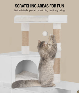 Moderne 4-in-1 Kattenboom met Kattenbakmeubel, Groot Platform, Trapjes en Pompom