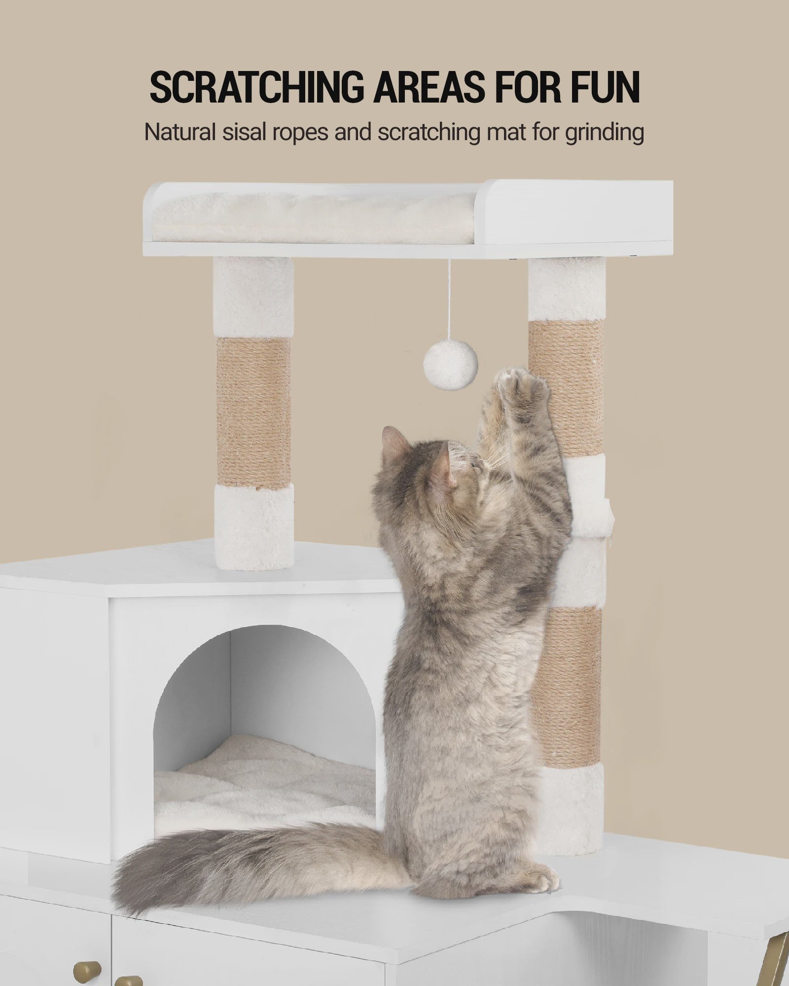 Moderne 4-in-1 Kattenboom met Kattenbakmeubel, Groot Platform, Trapjes en Pompom