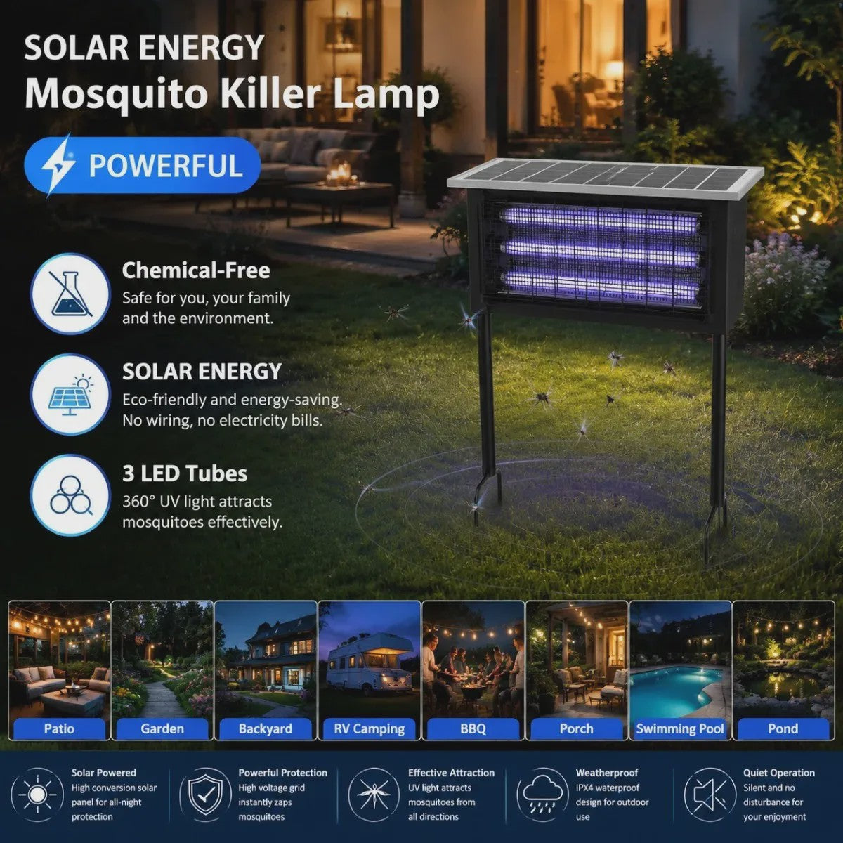 Solar Muggenlamp met UV-licht en USB/Zonne-energie - IPX5 Waterdicht