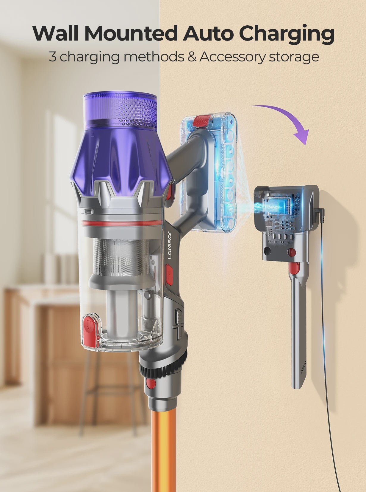 Laresar V7 Draadloze Steelstofzuiger - 500W Krachtige Zuigkracht & 50KPa